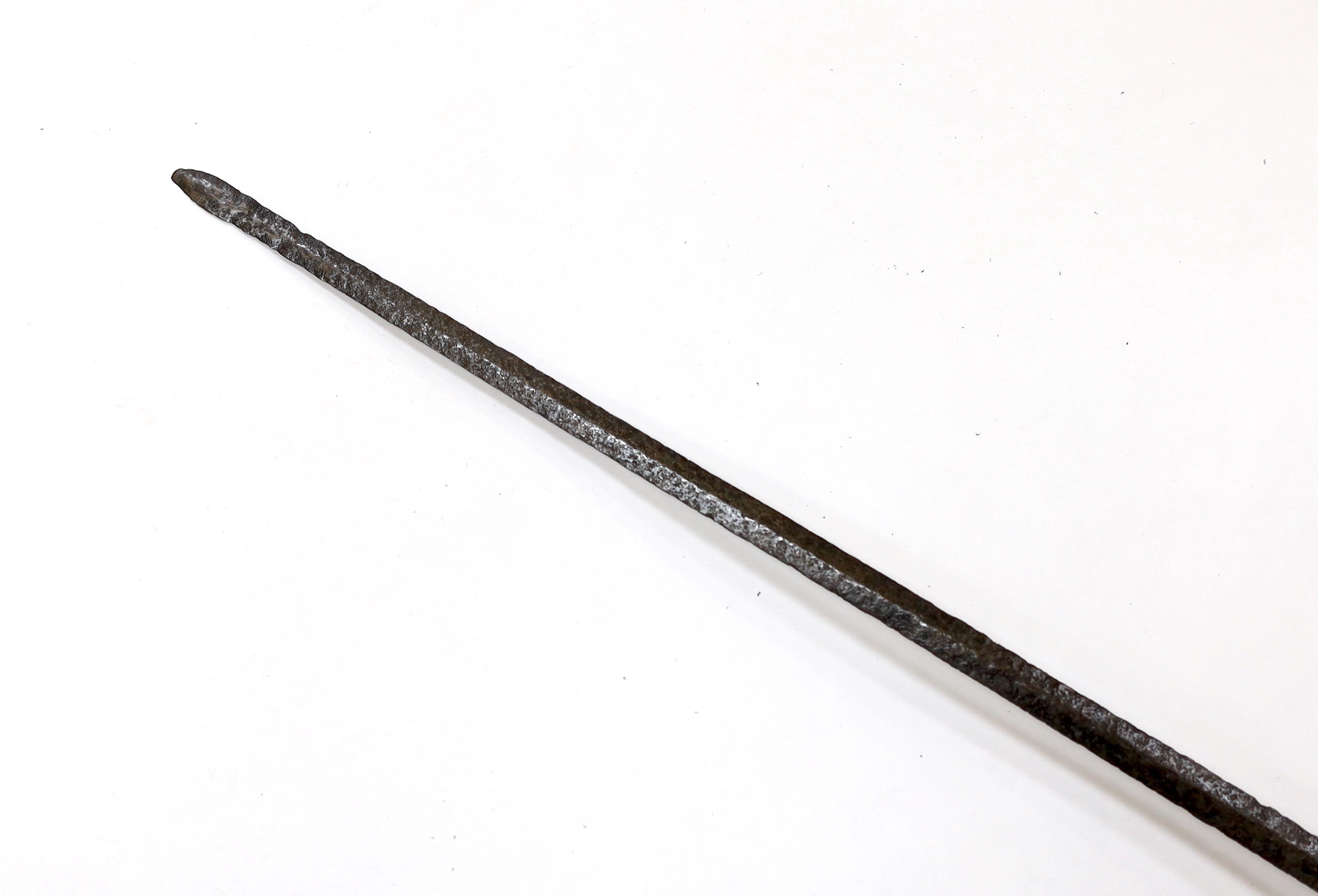 A mid 17th century English rapier, with pierced steel cup guard, loop guard and top of blade, steel pommell and leather grip, blade 77cm